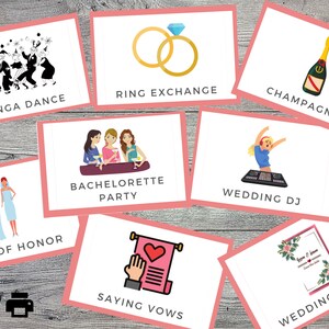 Op de afbeelding: Een set roze kaarten met illustraties en tekst met betrekking tot huwelijksgelegenheden. De kaarten bevatten afbeeldingen van een conga-lijn, een ringuitwisseling, champagne, een bruidsmeisje, een vrijgezellenfeest, het afleggen van geloften, een trouw-DJ en een huwelijksuitnodiging.
