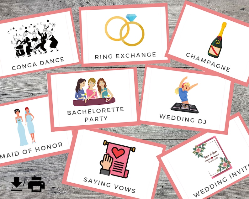 Wedding / Bridal Shower Printable Charades or Pictionary Cards Game, 24 ...