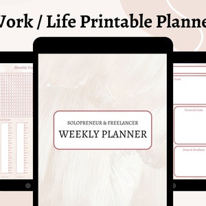 May include: A printable planner for solopreneurs and freelancers. The planner includes sections for monthly tracking, goal tracking, weekly planning, goals, financial goals, and dates and deadlines. The planner has a white background with a subtle pink and white brushstroke pattern.