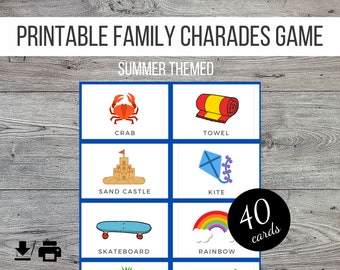 Family Summer Themed Printable Charades Cards Game, 40 Colourful Image Cards