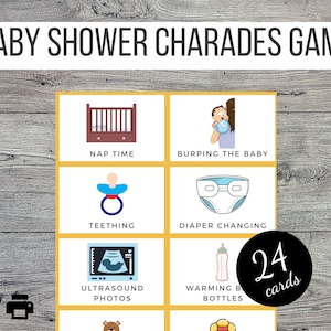 Baby Shower Printable Charades or Pictionary Cards Game, 24 Colourful Image Cards