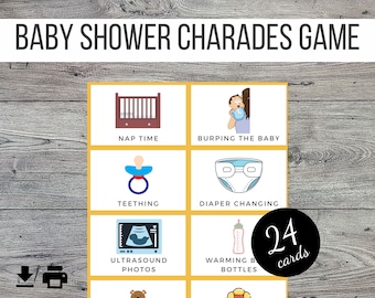 Baby Shower Printable Charades or Pictionary Cards Game, 24 Colourful Image Cards