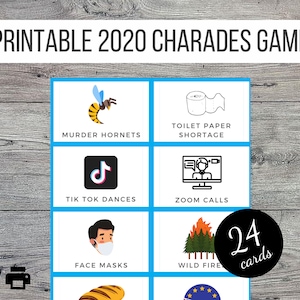 2020 Printable Charades or Pictionary Cards Game, 24 Colourful Image Cards