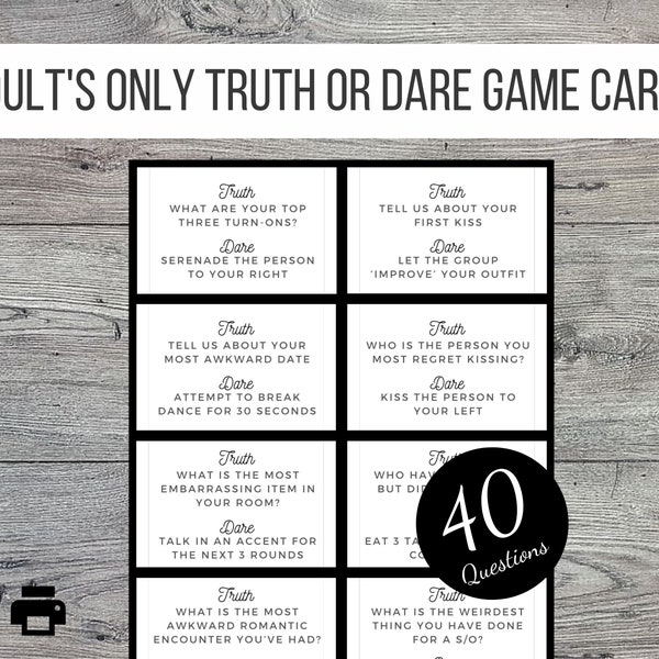 Nur für Erwachsene Truth or Dare Partyspiel zum Ausdrucken, 40 Karten
