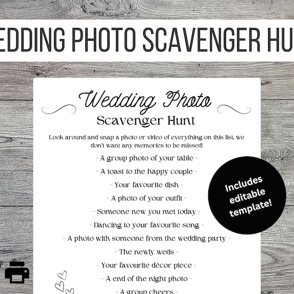 Wedding Photo Scavenger Hunt Game, Wedding Table  Printable Games, Wedding Party Games, Icebreaker Game, Cute Wedding Table Activity