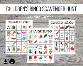 Set of 3 Children's Bingo Game, Printable Kids Activity, Quarantine Kid's Activity, Children’s Scavenger Hunt
