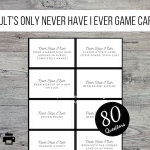 Juego de fiesta imprimible Never Have I Ever solo para adultos, 80 cartas