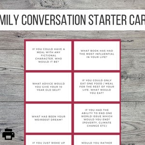 Tarjetas para iniciar conversaciones y preguntas sobre temas para cenas o eventos, todas las edades, 40 tarjetas imprimibles