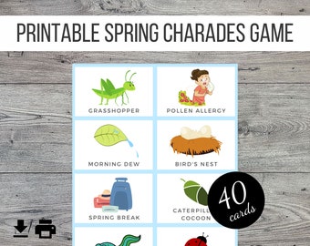 Family SpringThemed Printable Charades Cards Game, 40 Colourful Image Cards, Pictionary Cards
