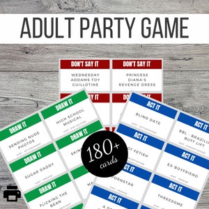 Alleen volwassenen handelen, tekenen of beschrijven afdrukbare kaarten Party Game, 180 kaarten, volwassen charades, volwassen pictionary, grappige volwassen drinkspellen