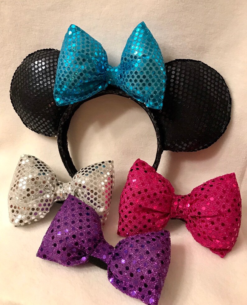 Black Sequin Minnie Ears with Interchangeable Bows teal, silver, purple and pink