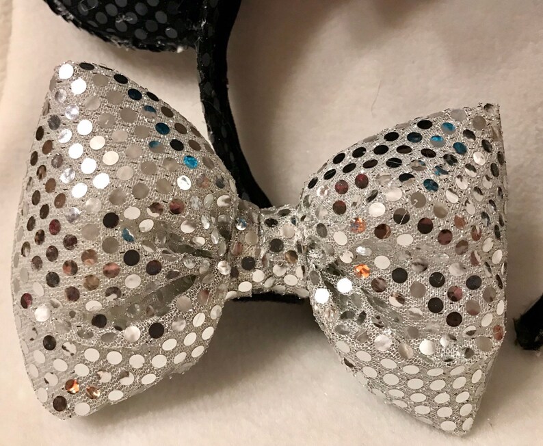 Black Sequin Minnie Ears with Interchangeable Bows teal, silver, purple and pink