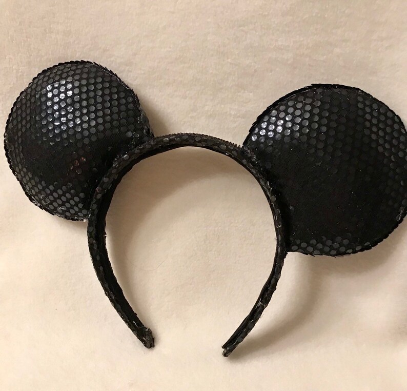 Black Sequin Minnie Ears with Interchangeable Bows teal, silver, purple and pink