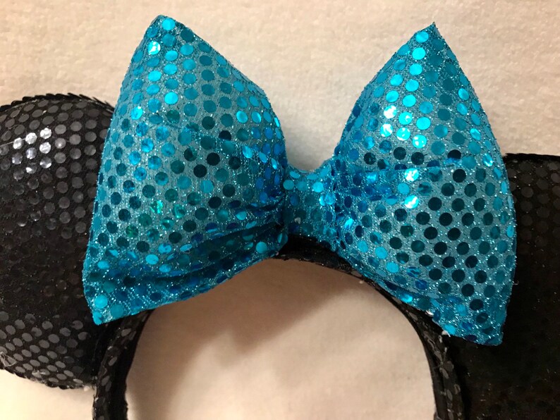Black Sequin Minnie Ears with Interchangeable Bows teal, silver, purple and pink