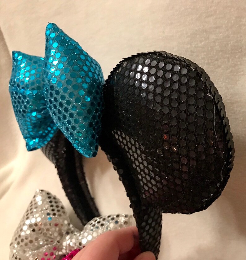 Black Sequin Minnie Ears with Interchangeable Bows teal, silver, purple and pink