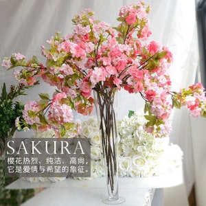 May include: A bouquet of pink cherry blossom branches in a clear glass vase. The vase is tall and slender, and the branches are arranged in a loose, natural style. The flowers are in full bloom, and the petals are a delicate shade of pink. The text "SAKURA 樱花热烈、纯洁、高尚, 它是爱情与希望的象征." is visible in the image.