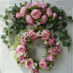 Guirnalda de peonías y eucaliptos en tonos malva/ruborizados para bodas o puertas de entrada, guirnalda rústica de flores, corona bohemia, guirnalda de rosas y eucaliptos.