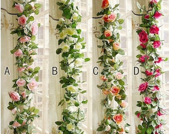 2pcs 2.3m/90" Artificial Rose Garland Fake Flower Leaf Vine Plant Hang Wedding Decoration