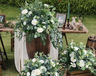 Aisle Flowers Floor Arch Arrangement Wedding Aisle Marker Arbor Arrangements White Flowers Eucalyptus Special Event Green Decor