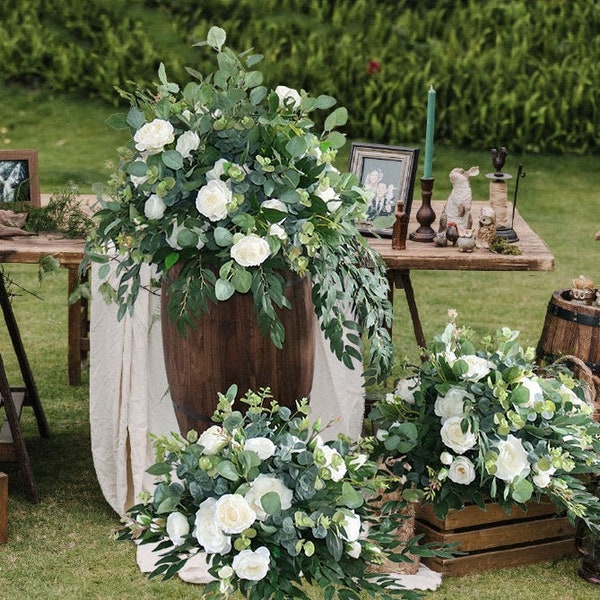 Aisle Flowers Floor Arch Arrangement Wedding Aisle Marker Arbor Arrangements White Flowers Eucalyptus Special Event Green Decor