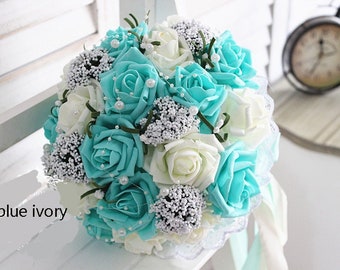 Turquoise Wedding Bouquet PE Flowers Bridal Bouquet  Wedding Centerpieces Decorations