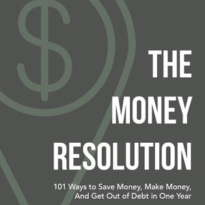 May include: A green dollar sign icon inside a circle with a green outline. The text "THE MONEY RESOLUTION" is in white text below the icon. The text "101 Ways to Save Money, Make Money, And Get Out of Debt in One Year" is in white text below the title.