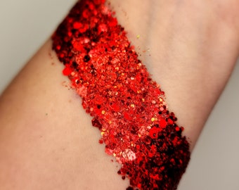 Body Glitter Gel, Face Glitter Gel Makeup, Hair, Eye, Rave, Festival, Chunky, Holographic, Red, Ruby, Blood Red, Euphoria, Cosmetic, Cheer