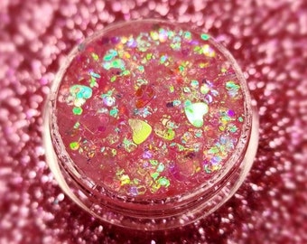 Body Glitter, Face Glitter Gel Makeup, Hair, Eye, Rave, Festival, Iridescent, Hearts, Pink, Opal, Rainbow, Chunky, Euphoria, Cheer, Concert