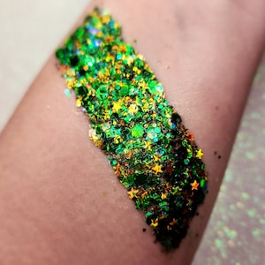 Body Glitter, Face Glitter Gel Makeup, St Patricks, Eye, Hair, Festival, Rave, Green, Gold, Stars, Chunky, Iridescent, Holographic, Euphoria