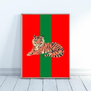 Wall Art Digital Prints, Digital Download, Trendy, Retro Tiger, Fashion, Red, Green, Luxury, Jungle, Printable, Custom Art, Home Decor, Boho
