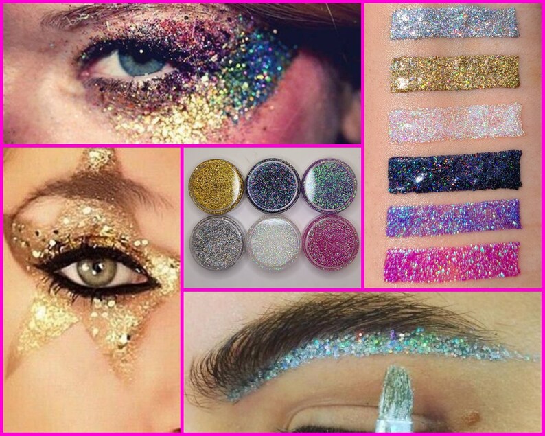 K&ouml;nnte beinhalten: Sechs kleine Gl&auml;ser mit Glitter in verschiedenen Farben, darunter Gold, Silber, Wei&szlig;, Blau und Pink. Der Glitter wird auf wei&szlig;em Hintergrund gezeigt. Der Glitter kann f&uuml;r Make-up, Basteln und andere dekorative Zwecke verwendet werden.