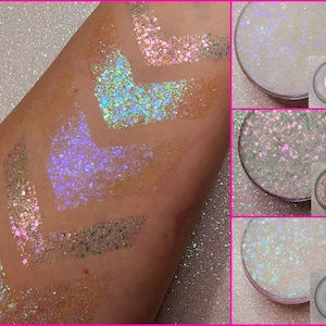 May include: Four jars of iridescent glitter, each with a different color and a label with the name of the glitter. The glitter is shown on a person's arm, with each color in a separate chevron shape.