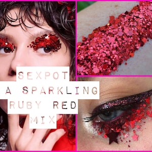 Face Glitter, Body Glitter Gel, Rave, Festival, Makeup, Eye, Cosmetic, Chunky, Holographic, Red, Ruby, Blood Red, Euphoria, Budge Proof
