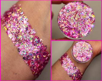 Body Glitter Gel, Face Glitter Makeup, Hair, Eye, Rave, Festival, Iridescent, Pink, Opal, Hearts, Stars, Rainbow, Cosmetic, Cheer, Softball