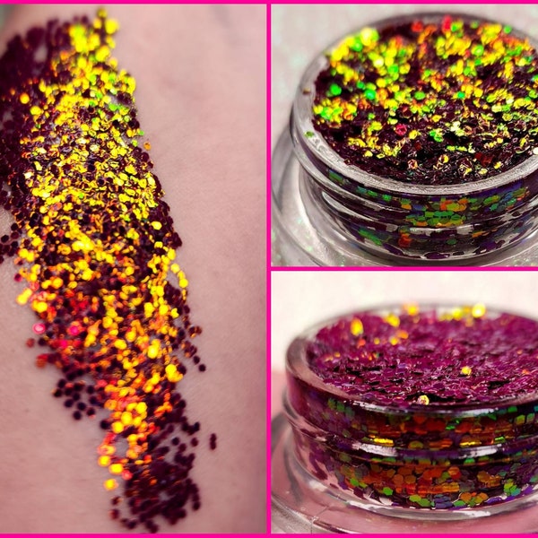 Face & Body Glitter Gel Makeup, Eye, Hair, Festival, Rave, Duochrome, Color Shift, Green, Red, Gold, Holographic, Euphoria, Cosmetic, Cheer