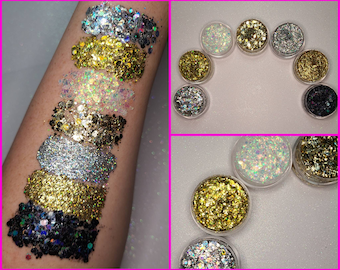 Body Glitter, Face Glitter Gel Makeup, Hair, Eye, Rave, Festival, Cosmetic, Holographic, Iridescent, Gold, Silver, Black, Euphoria, Bundle