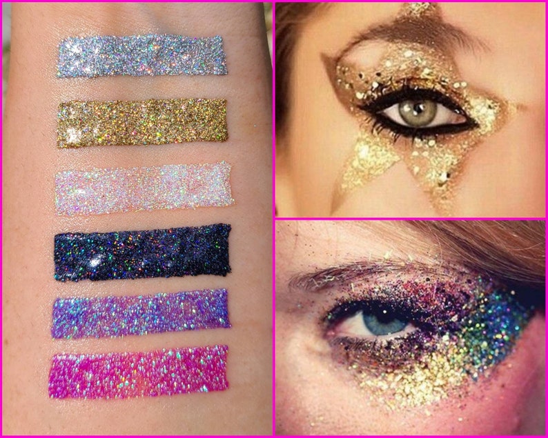 K&ouml;nnte beinhalten: Sechs verschiedene Farben von Glitter, darunter Silber, Gold, Wei&szlig;, Schwarz, Lila und Pink, werden in Swatches auf dem Arm einer Person gezeigt. Der Glitter ist in fl&uuml;ssiger Form und bereit, auf die Augenlider aufgetragen zu werden. Das Bild zeigt auch zwei Beispiele daf&uuml;r, wie der Glitter verwendet werden kann, um Augen-Make-up-Looks zu kreieren.