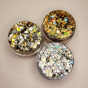 Body Glitter, Face Glitter Gel Makeup, Hair, Eye, Rave, Festival, Cosmetic, Holographic, Gold, Silver, Stars, Chunky, Euphoria, Gift Set