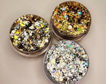 Body Glitter, Face Glitter Gel Makeup, Hair, Eye, Rave, Festival, Cosmetic, Holographic, Gold, Silver, Stars, Chunky, Euphoria, Gift Set