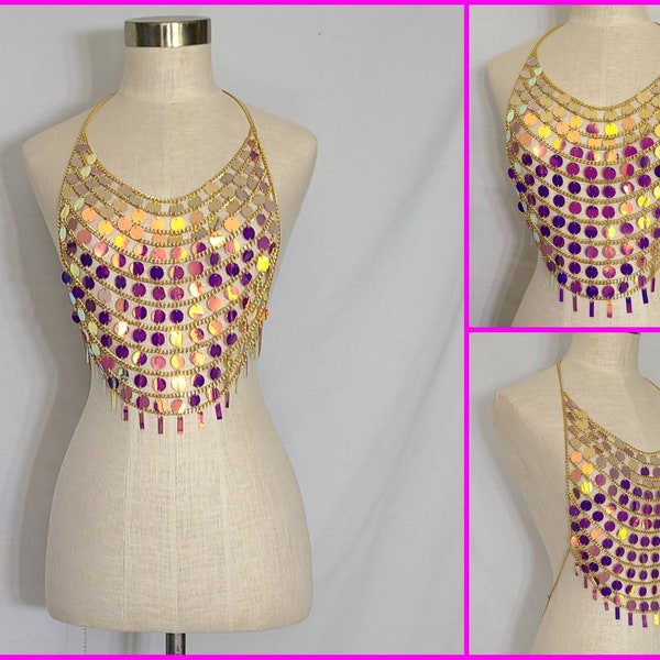 Festival Clothing, Womens, Rave Outfit, Crop Top, Body Harness, Cage Bra, Large Sequin, Gold, One Size, Chains, Adjustable, Sheer, Metallic