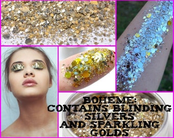 Face Glitter, Body Glitter Gel, Rave, Festival, Eye Makeup, Hair, Silver, Gold, Cosmetic, Chunky, Metallic, Budge Proof, Cheer, Euphoria