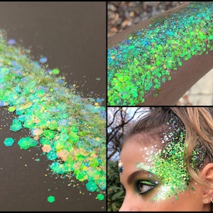 Body & Face Glitter Gel Makeup, Eye, Hair, Rave, Festival, Green, Silver, Neon, Lime, Cosmetic, Iridescent Chunky, Cheer, Euphoria, Softball