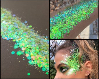 Body & Face Glitter Gel Makeup, Eye, Hair, Rave, Festival, Green, Silver, Neon, Lime, Cosmetic, Iridescent Chunky, Cheer, Euphoria, Softball