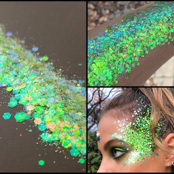 Body & Face Glitter Gel Makeup, Eye, Hair, Rave, Festival, Green, Silver, Neon, Lime, Cosmetic, Iridescent Chunky, Cheer, Euphoria, Softball