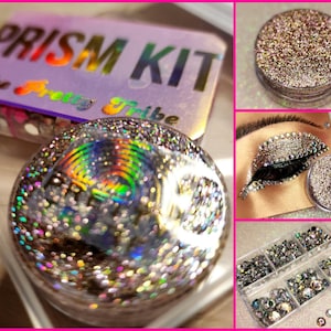 May include: A set of six containers filled with iridescent glitter and rhinestones. The containers are labeled "Prism Kit" and "The Pretty Tribe".