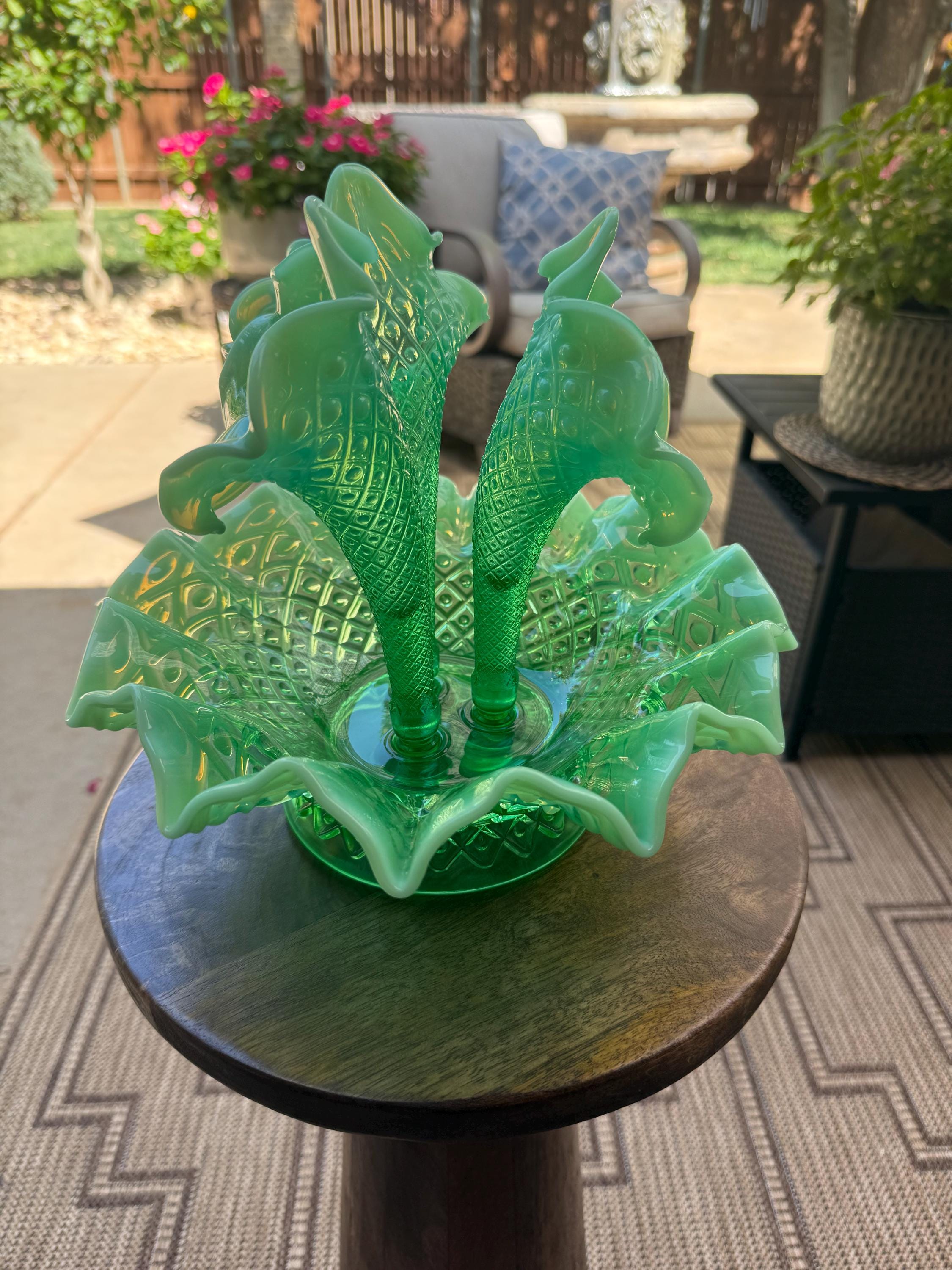 fenton opalescent ビンテージ　ガラス製 花瓶 Fenton フェントン ヴァセリンガラス ウランガラス USA