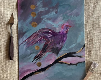 11x14in Original Bird Art with, Pink Purple and Gold.