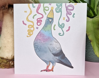 Greeting Card Party Pigeon - Whimsical Birthday Celebration Bird Fun Good Vibes Positivity