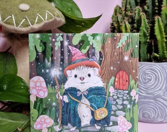 Greeting Card Hedgehog Wizard - Whimsical Forest Animal Fantasy Magical Toadstool