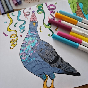 Op de afbeelding: Een kleurrijke illustratie van een duif die een feestmuts draagt met confetti en slingers eromheen. De duif is gekleurd in tinten blauw, grijs, roze en groen.